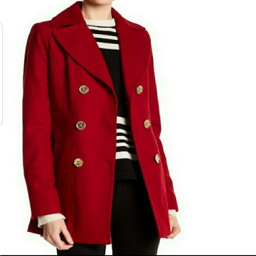 Michael Kors Red Pea Coat Size Medium Wool Blend